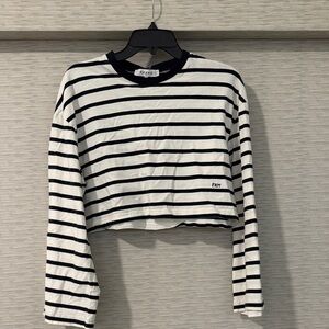Frame Denim Black & White Striped Cropped Crewneck